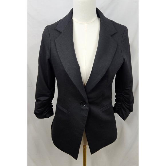Gibson Jackets & Blazers - Gibson Womens Black Ruched 3/4 Sleeve Single Button Blazer Jacket Medium